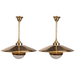 Retro Pair of Brass Pendant Lights with Fresnel Glass Shade, Midcentury