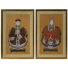 Pair of Large Original Chinoiserie Emperor and Empress Paintings