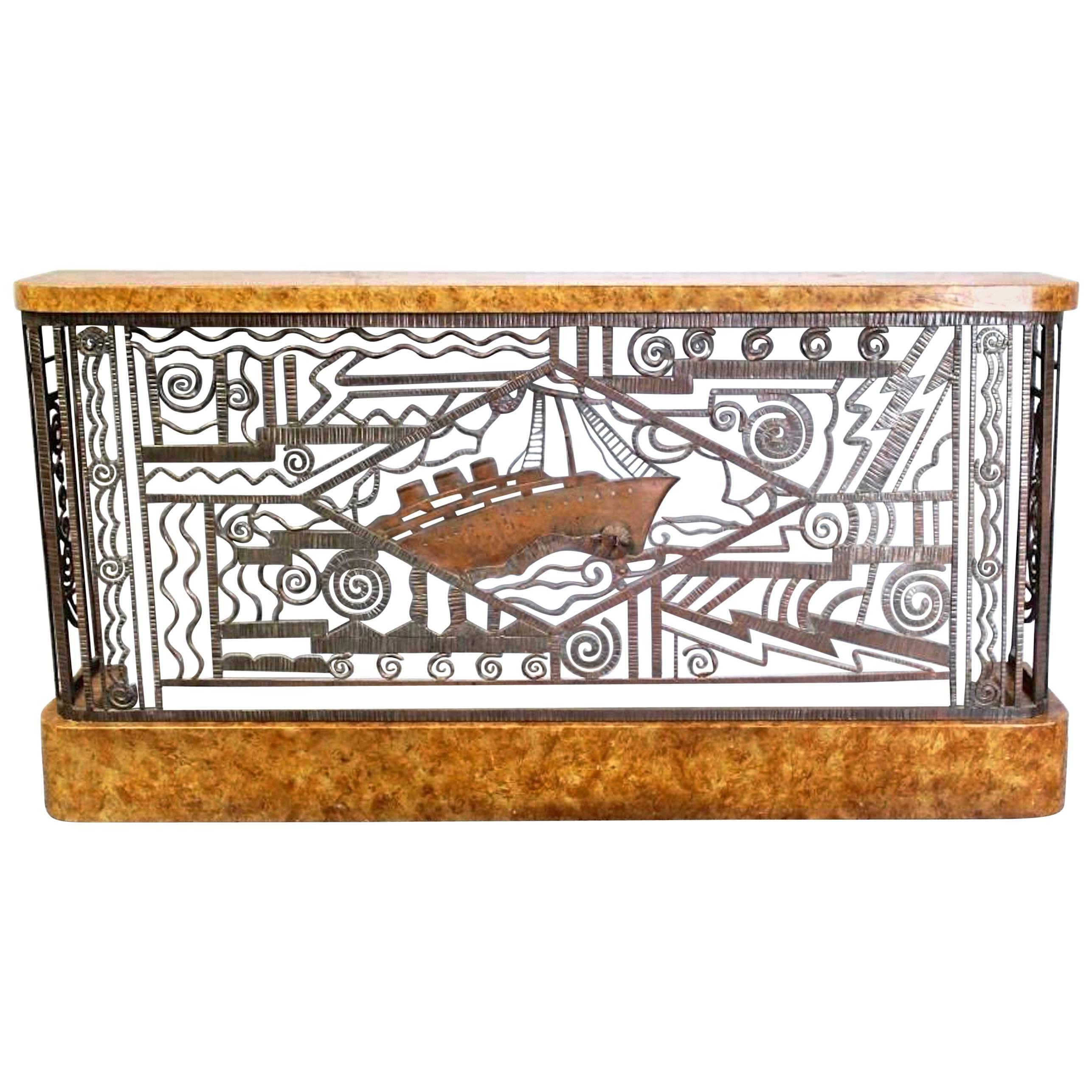 Art Deco Forged Steel and Burl Console with Ocean Liner Motif