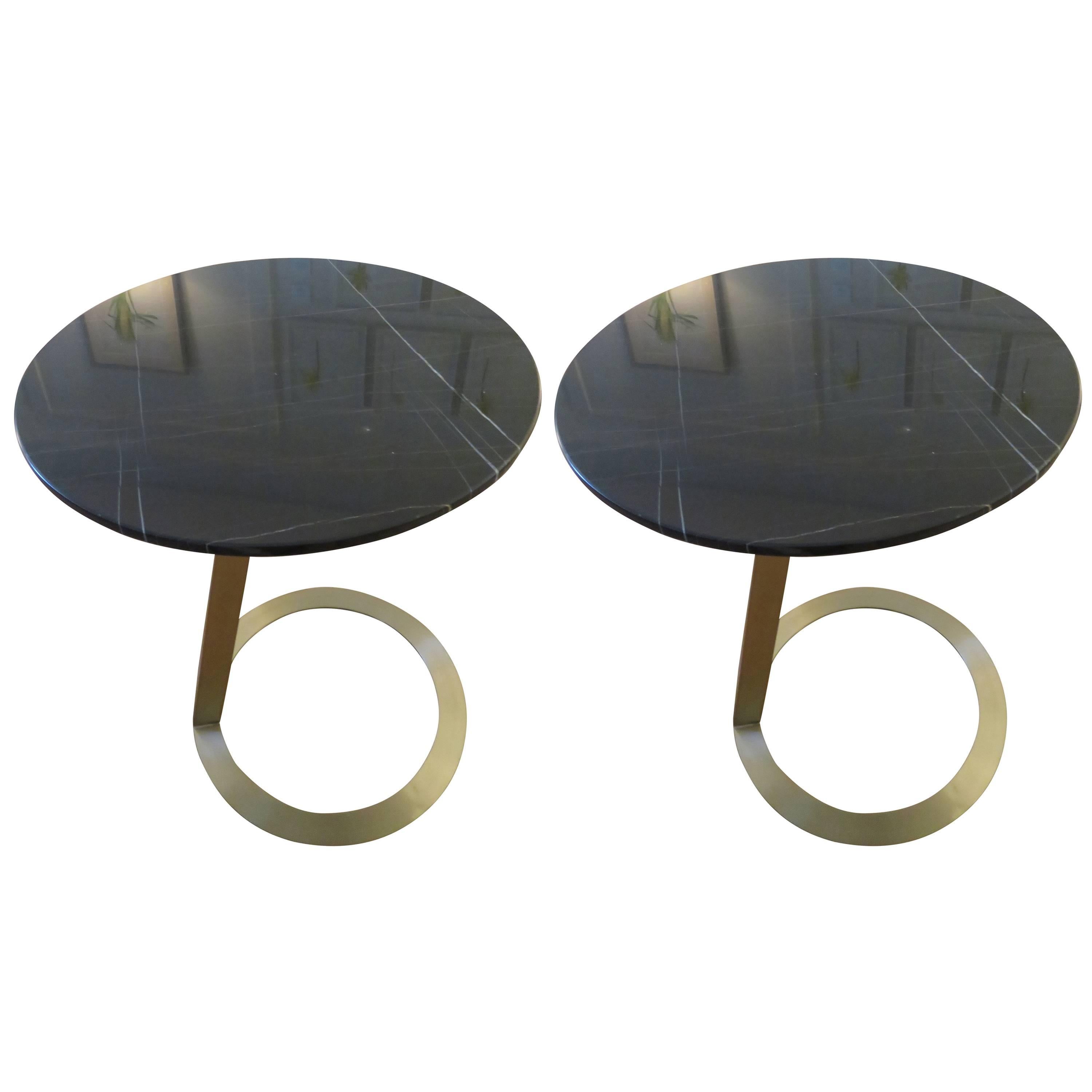 Pair of Brushed Bronze and Marble-Top Side Tables