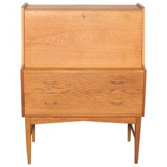 Midcentury Swedish Oak Secretary Desk with Drop Down Front Writing Tablet