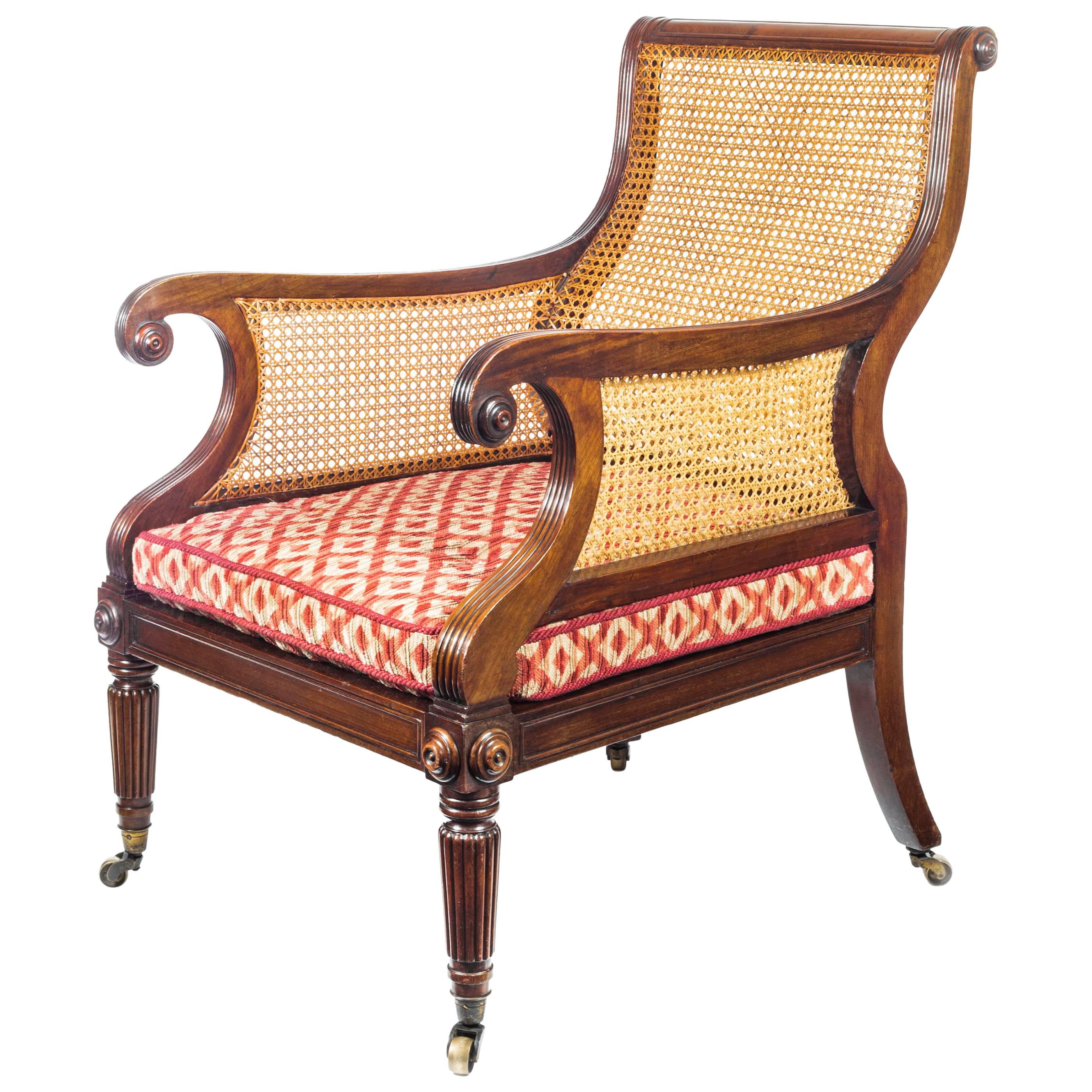 English Regency Mahogany Library Bergère Armchair Attributed to Gillows
