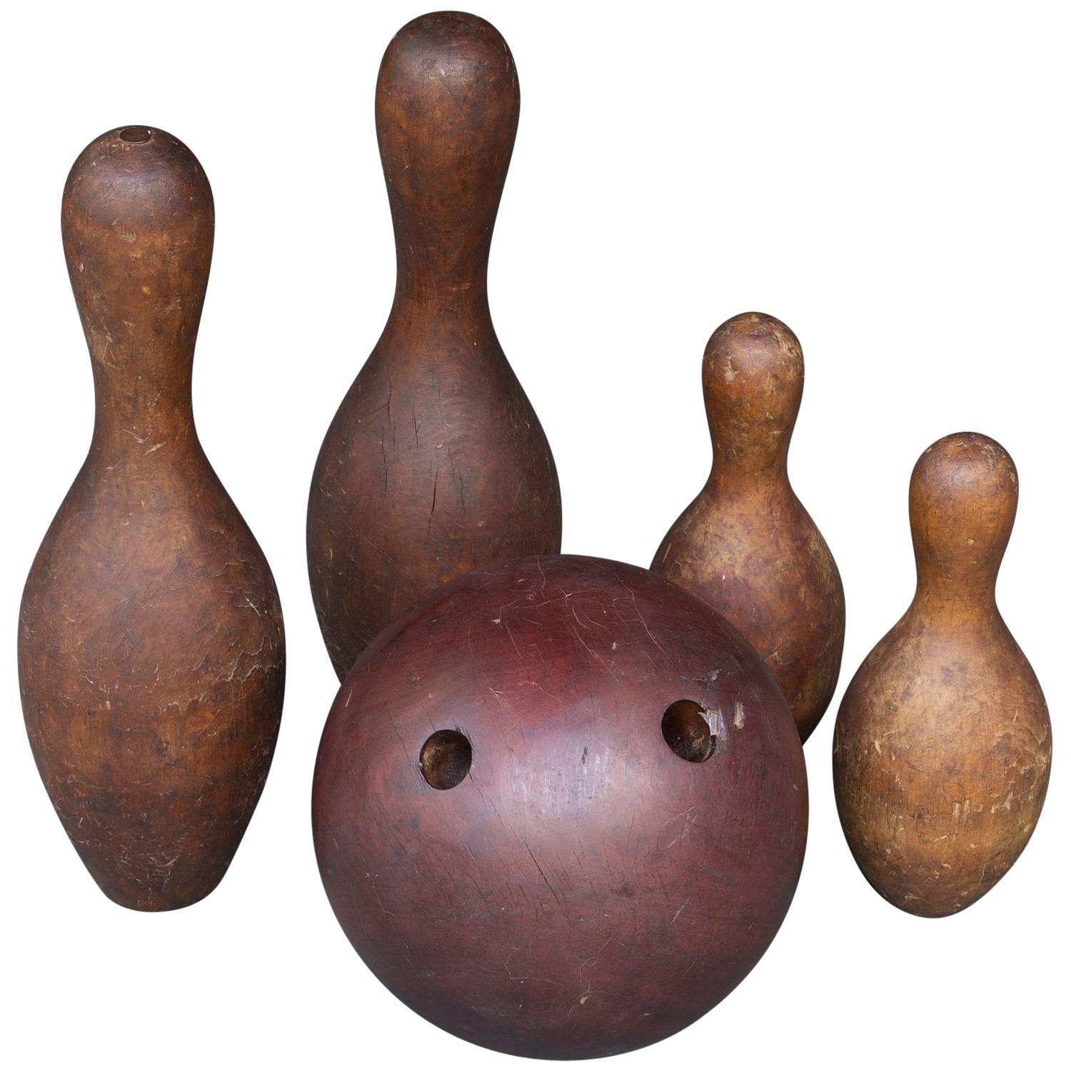 Antique Hand-Turned Lignum Vitae Ironwood Bowling Ball Four Pins Hand Made Craft
