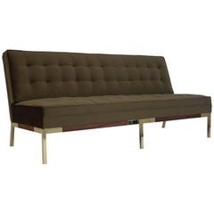 Lee Woodard Quilted Velvet Sofa with Walnut and Brass Frame