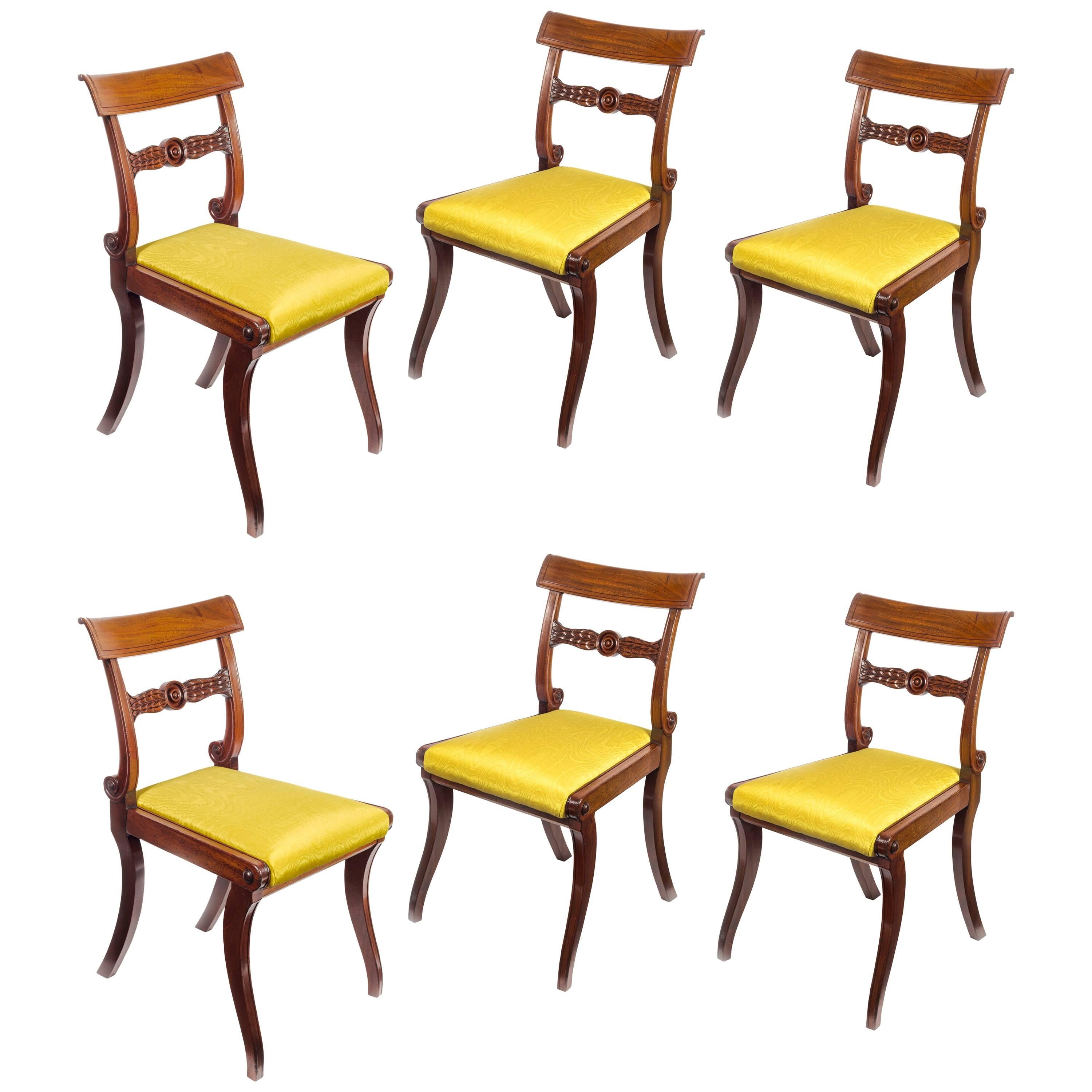 Set of Six English Regency Mahogany Klismos Dining Chairs in Yellow Moire Silk
