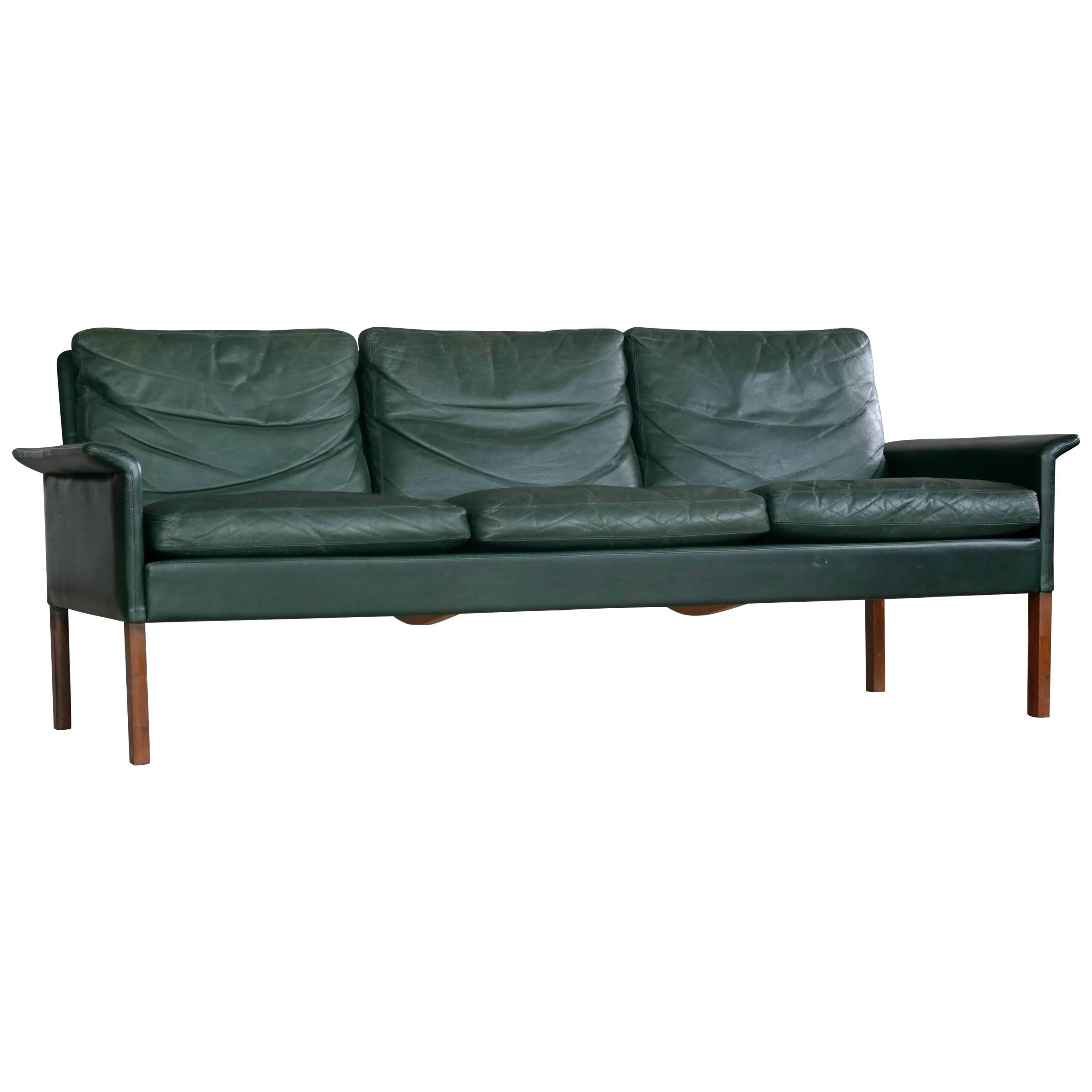 Hans Olsen 1960s Sofa in Rare Racing Green Leather for C.S. Møbler, Denmark