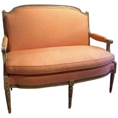 Louis XVI French Carved Wood Settee, Custom Upholstered in Linen 2