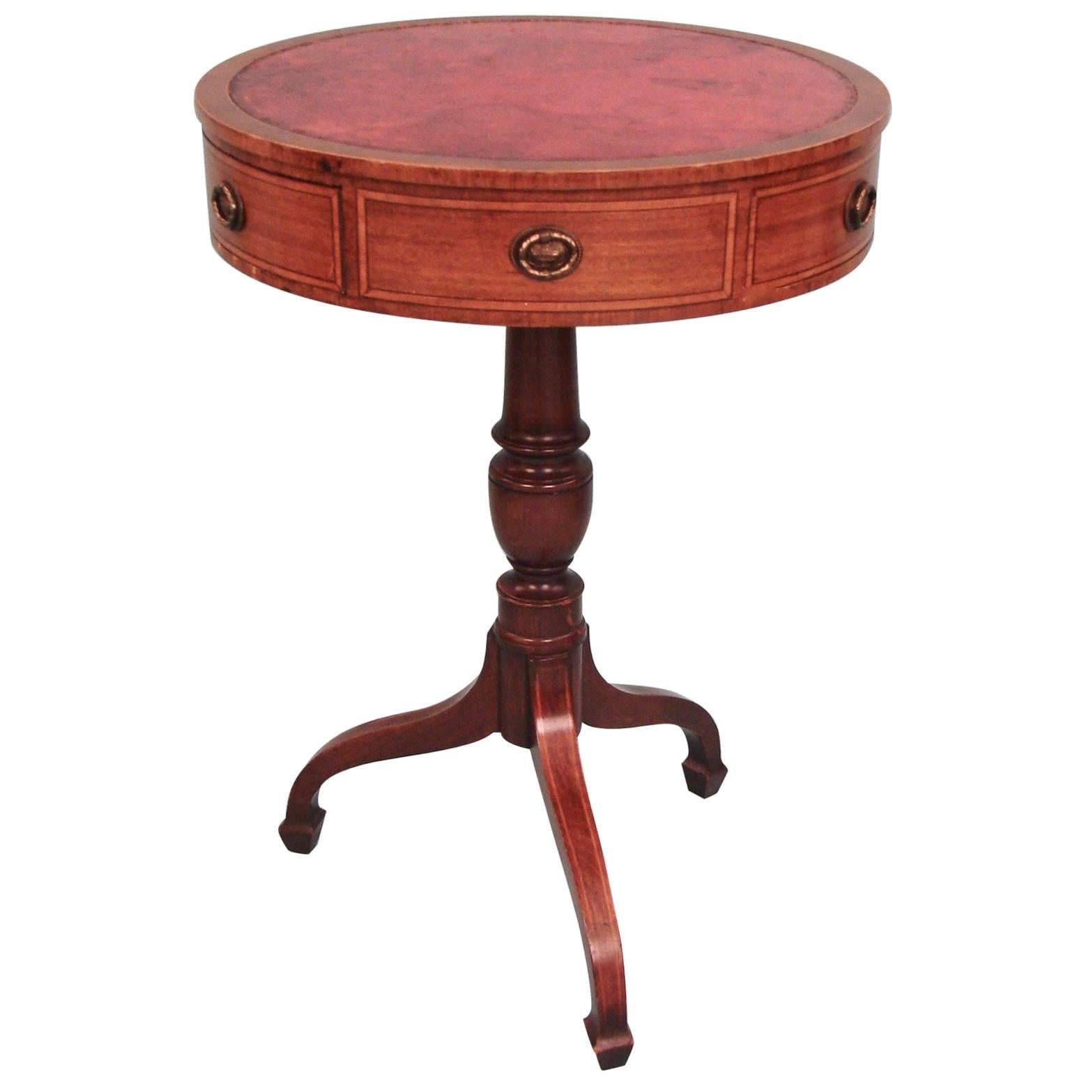 Regency Style Inlaid Mahogany Small Drum Table with Tooled Red Leather Top