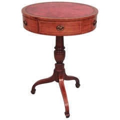 Antique Regency Style Inlaid Mahogany Small Drum Table with Tooled Red Leather Top