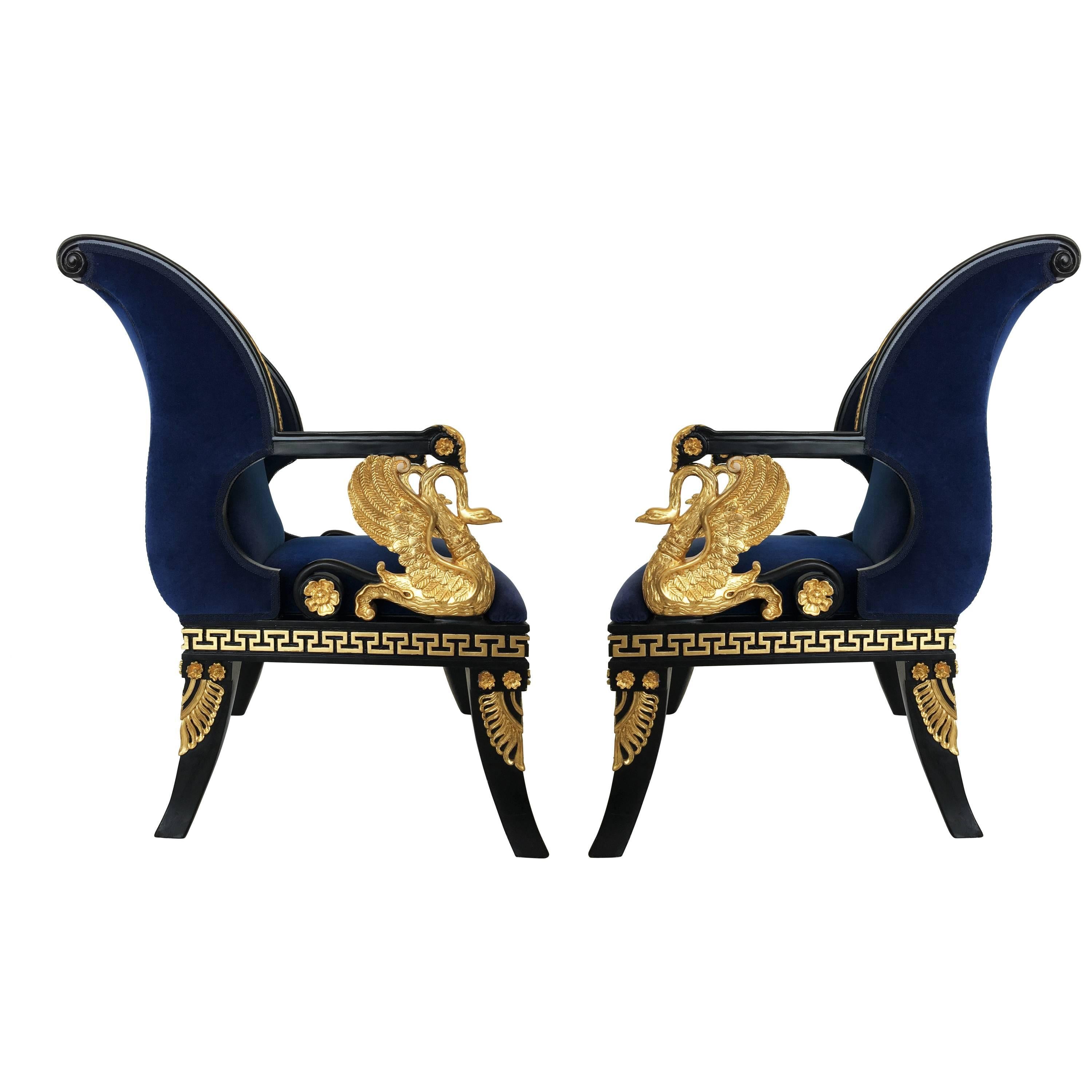 Fine Pair of Italian Neoclassical Lacquered and Gilt Armchairs For Sale