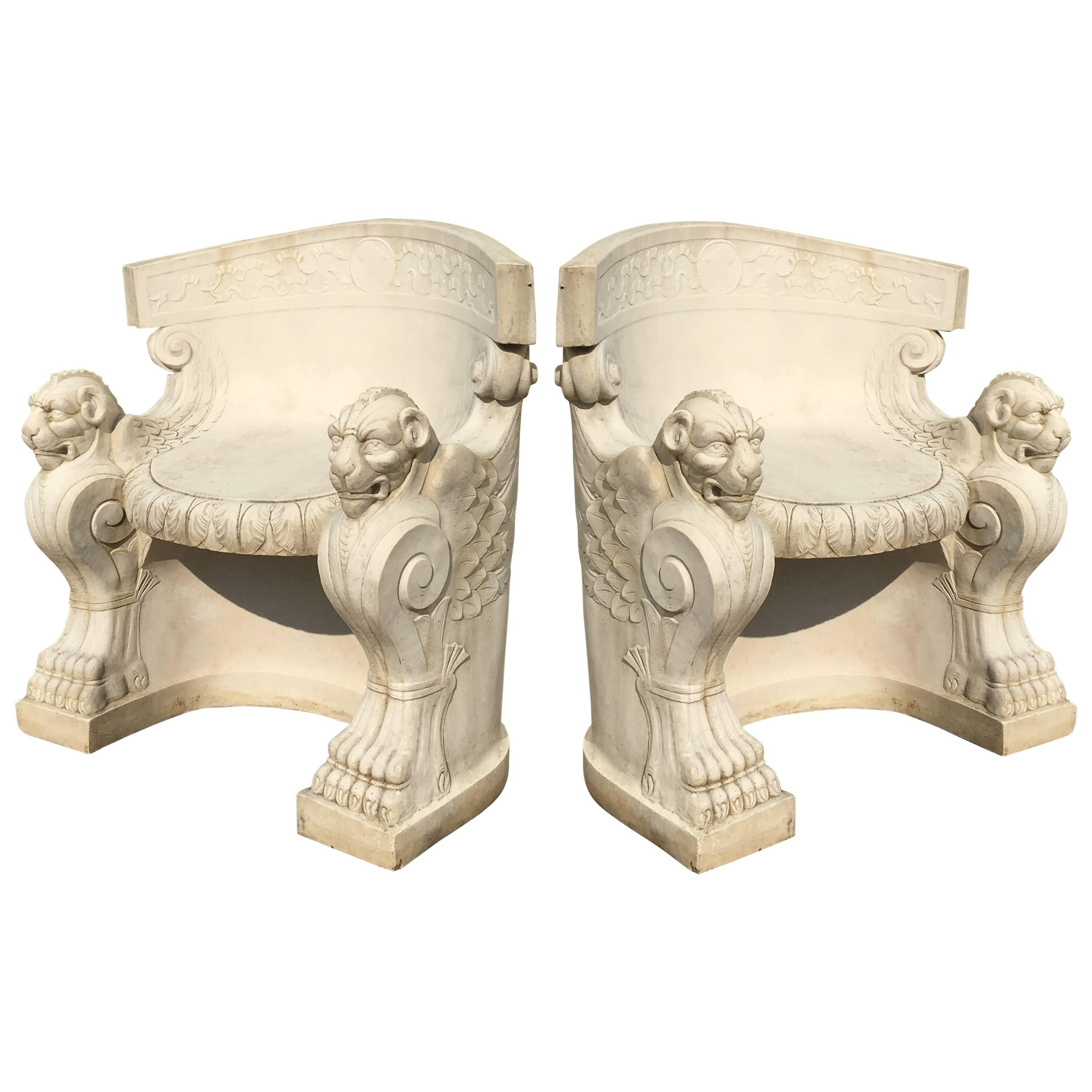 Pair of Neoclassical Carved Stone Tub Chairs / Benches For Sale