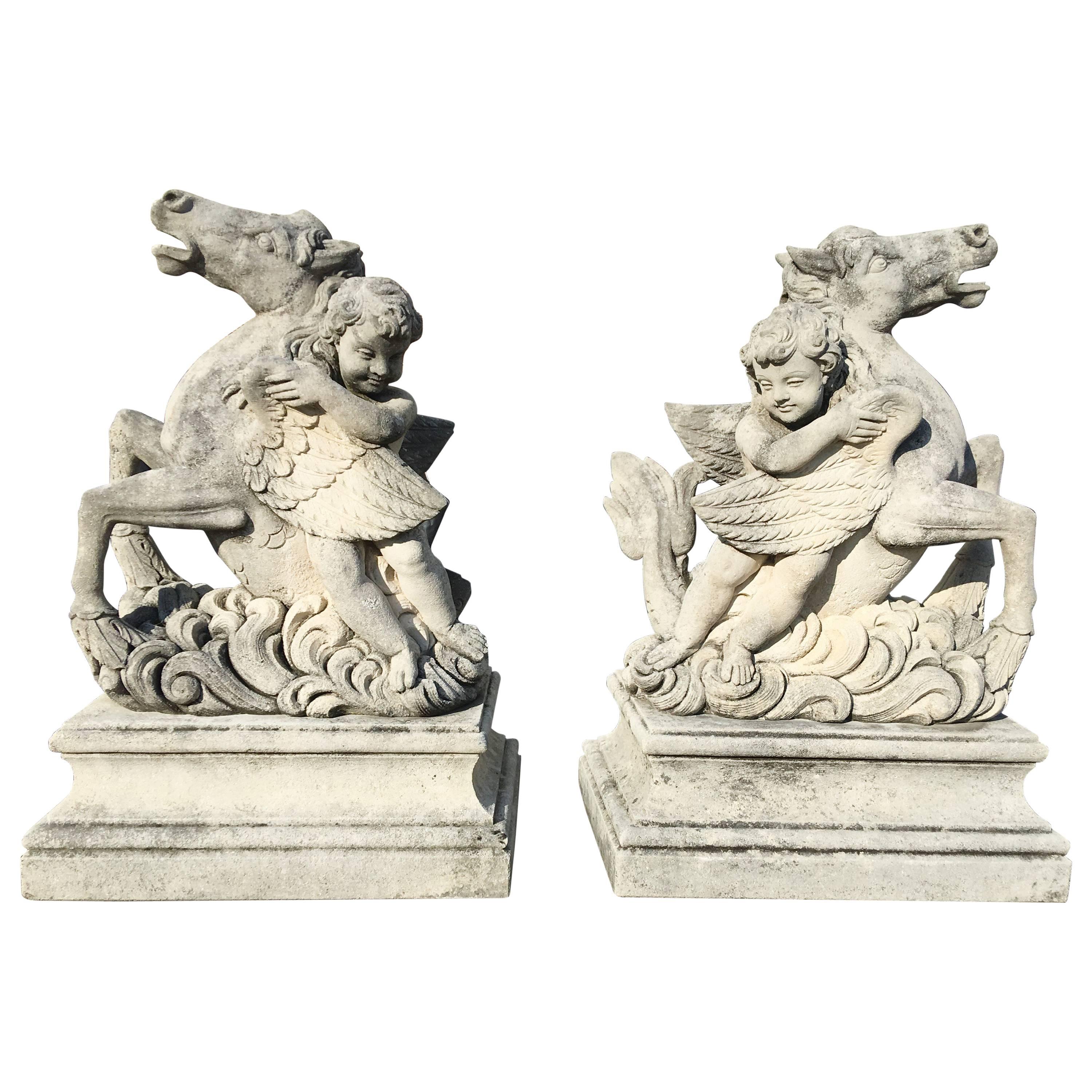 Pair of Putti Garden Statues with Horses For Sale