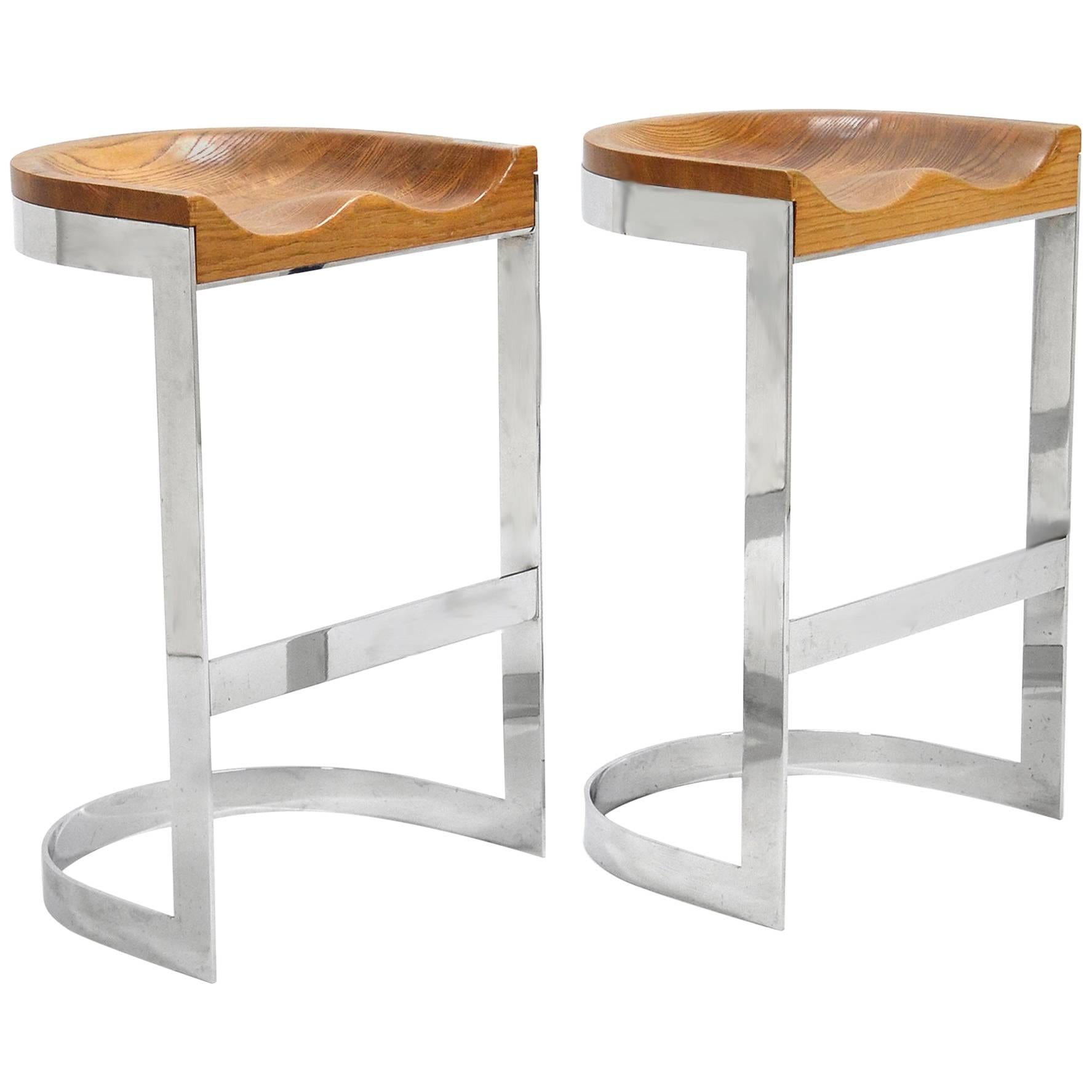 Pair of Warren Bacon Oak and Chrome Counter Stools