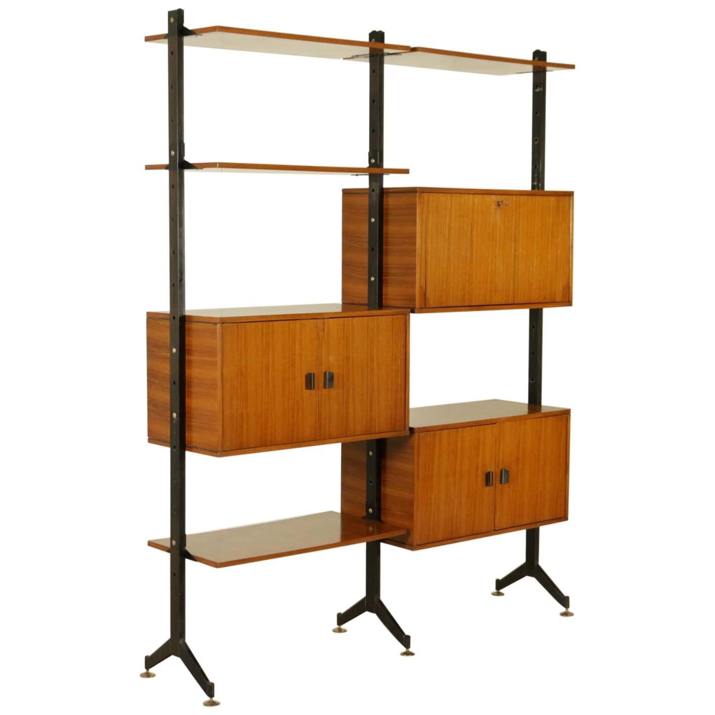 Bookcase Metal Brass Teak Veneered Wood Vintage, Italy, 1950s-1960s