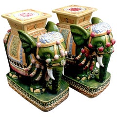 Pair of Italian Glazed Terra Cotta Elephant Garden Stools Tables, circa 1960s