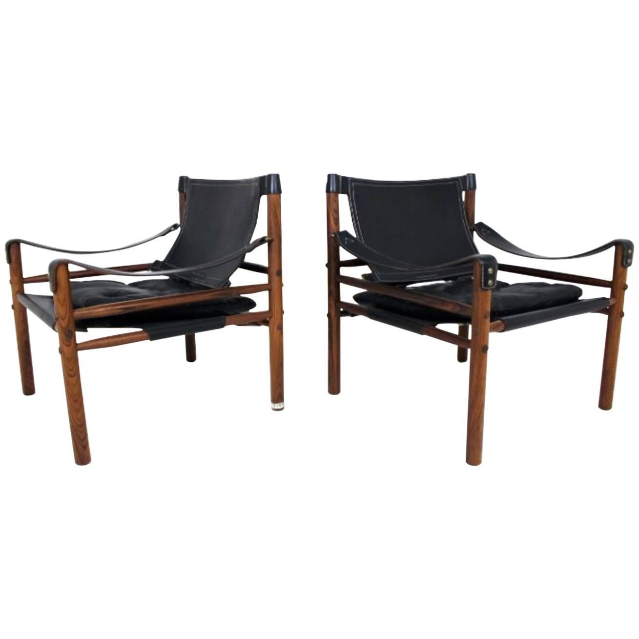 Pair of Sirocco Safari Chair by Arne Norell in Rosewood and Black Leather