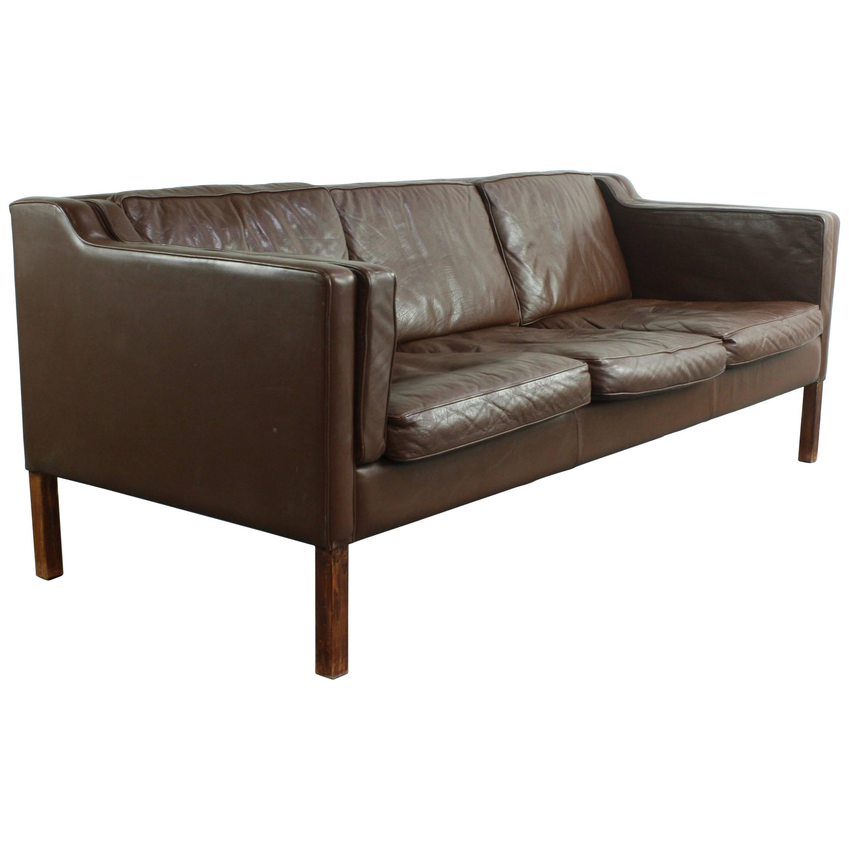 Dark Brown Leather Mogensen Style Vintage 1970s Three-Seat Danish Sofa For Sale