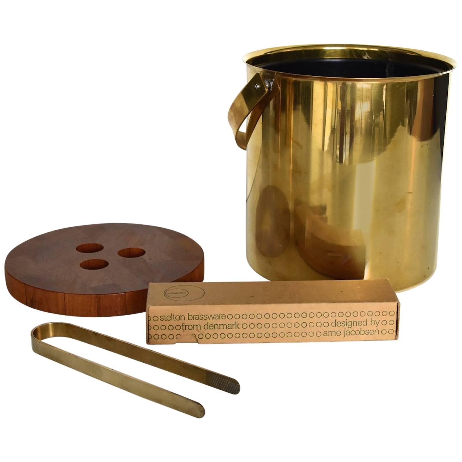Large Arne Jacobsen Brass Ice Bucket and Ice Tong for Stelton