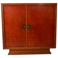Signed Cabinet in Oak with Asymmetric Doors in Leather by Charles Dudouyt, 1940