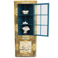 Antique Late 19th Century Yellow Chinoiserie Glass Fronted Standing Corner Cupboard