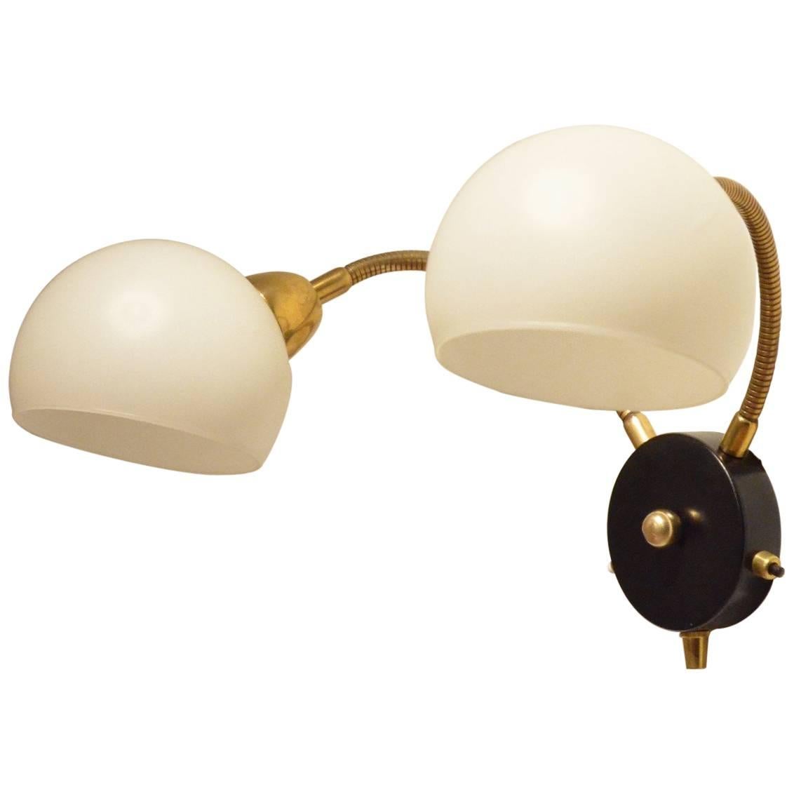 Mid-Century French Design Glass Balls and Flexible Brass Arm Sconce