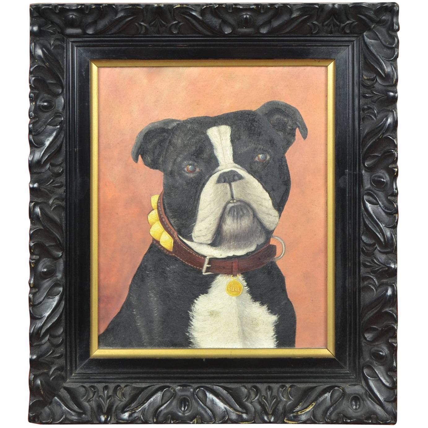 Vintage Black Framed Bulldog Painting on Wood