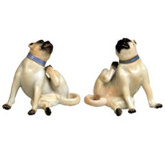 Vintage Meissen Two Pugs Dogs Models R 6a R 6b Animal Figurines Made, 20th Century