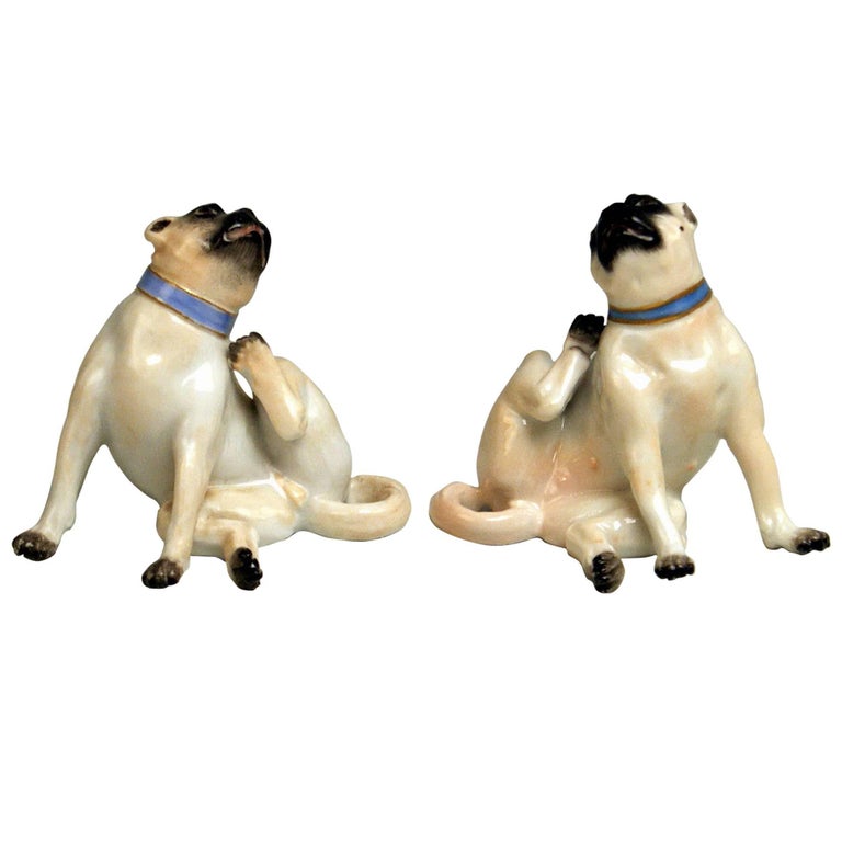 Meissen Two Pugs Dogs Models R 6a R 6b Animal Figurines Made, 20th