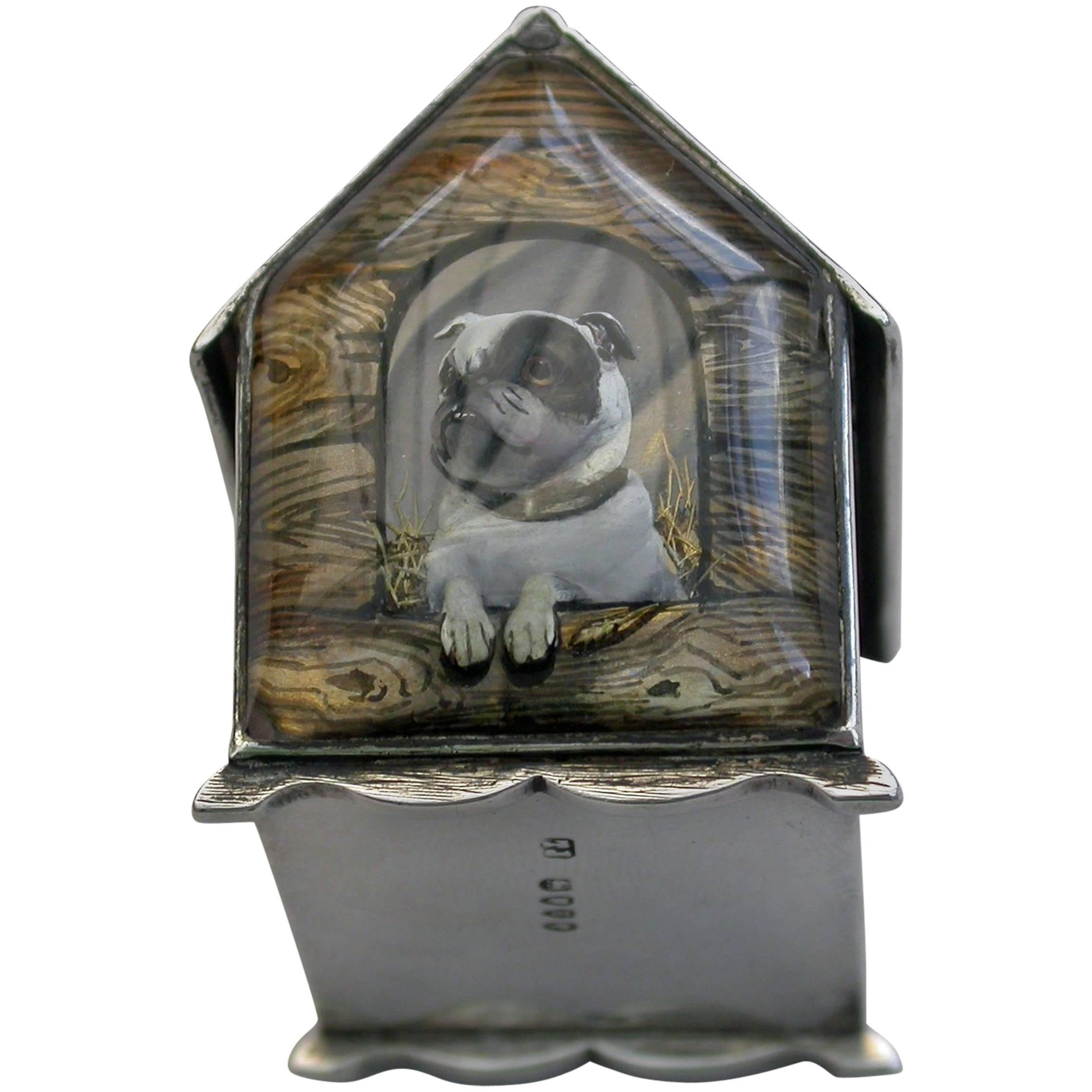 A very fine Victorian novelty silver and Essex rock crystal vesta case / box, modelled as a slatted wooden kennel, the front with an applied Essex rock crystal panel depicting a bull dog, the back drawer with silver gilt interior and striking panel