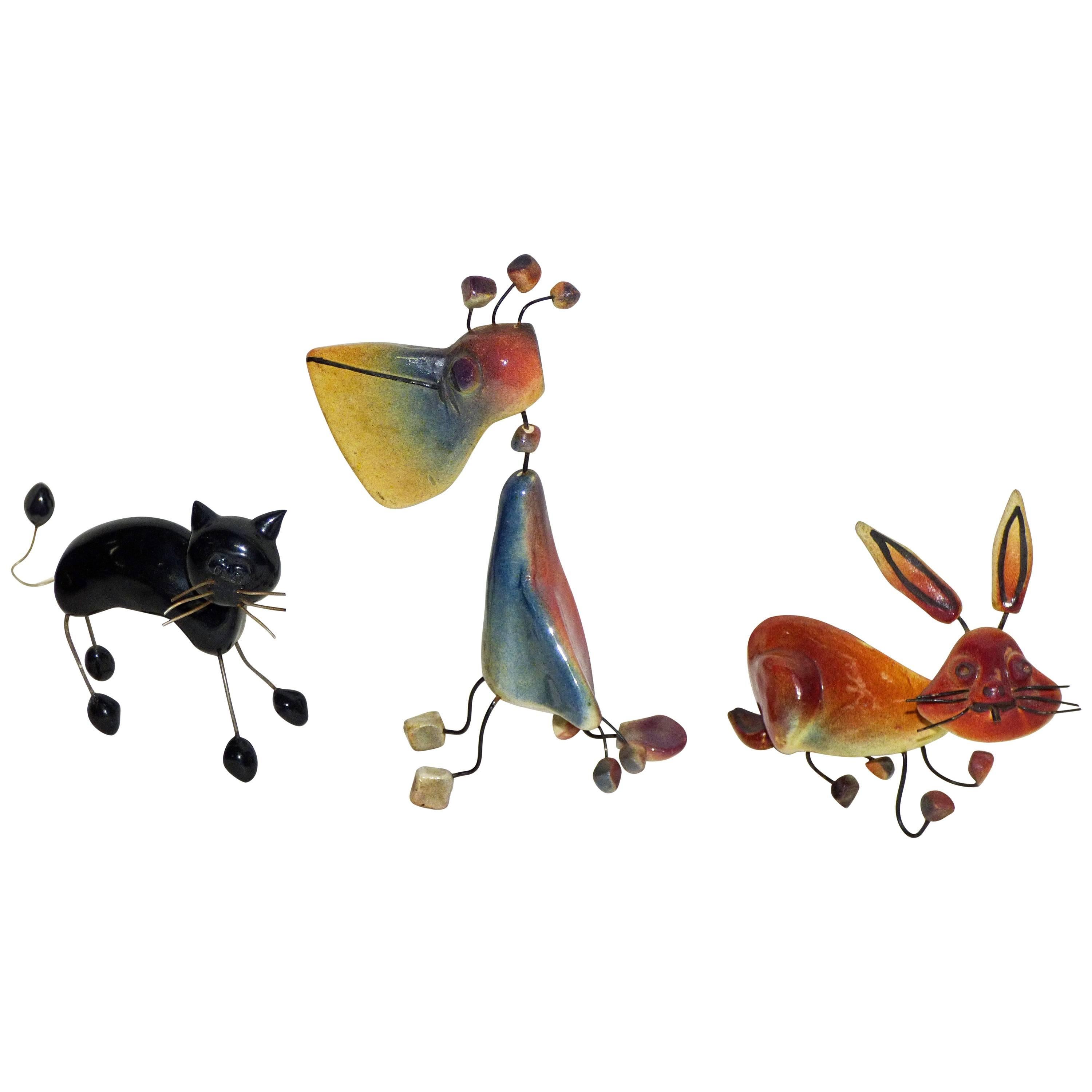 Accolay, Three Animals in Wire and Ceramic Cat, Pelican and Rabbit, Signed For Sale