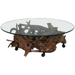 Vintage Driftwood Carved Glass Top Cocktail Table