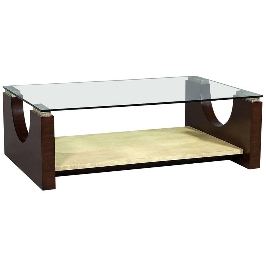 Modern Rosewood and Parchment Glass Top Cocktail Table