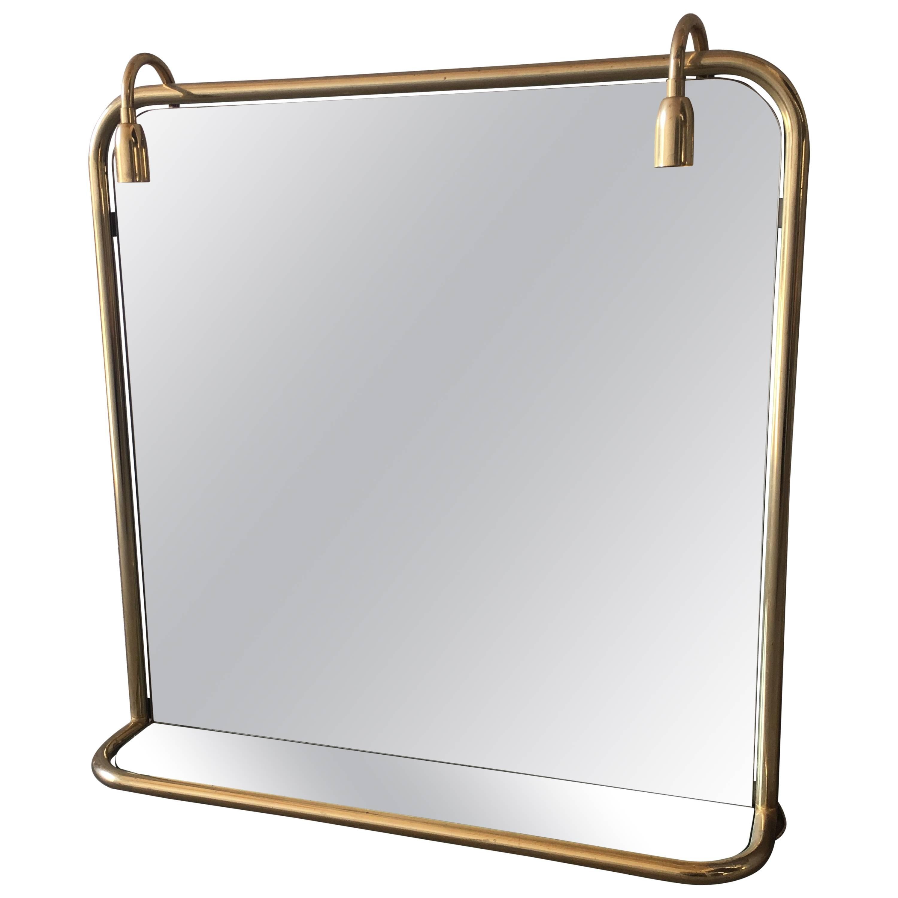 French Brass Metal Wall Lighted Mirror with Glass Shelf from 1970s
