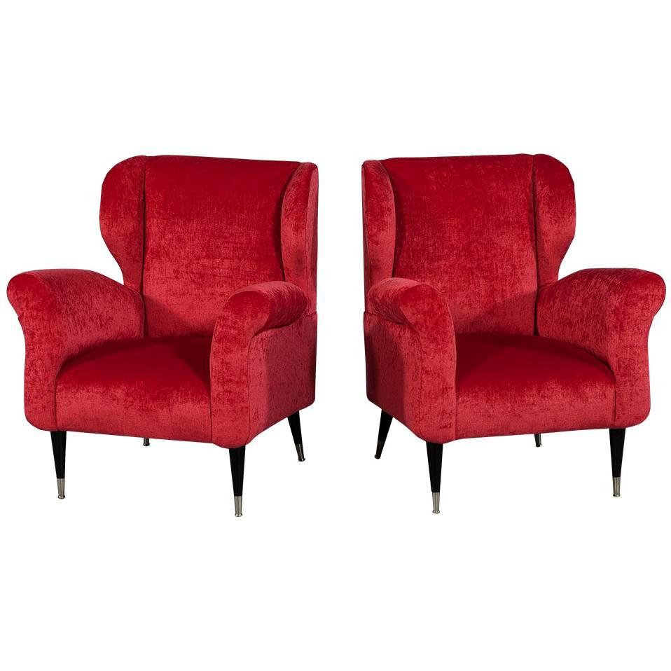 Pair of Mid-Century Modern Plush Red Lounge Chairs