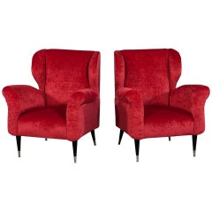 Retro Pair of Mid-Century Modern Plush Red Lounge Chairs
