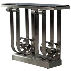 Polished Stainless Steel Marble Top Designer Console Table