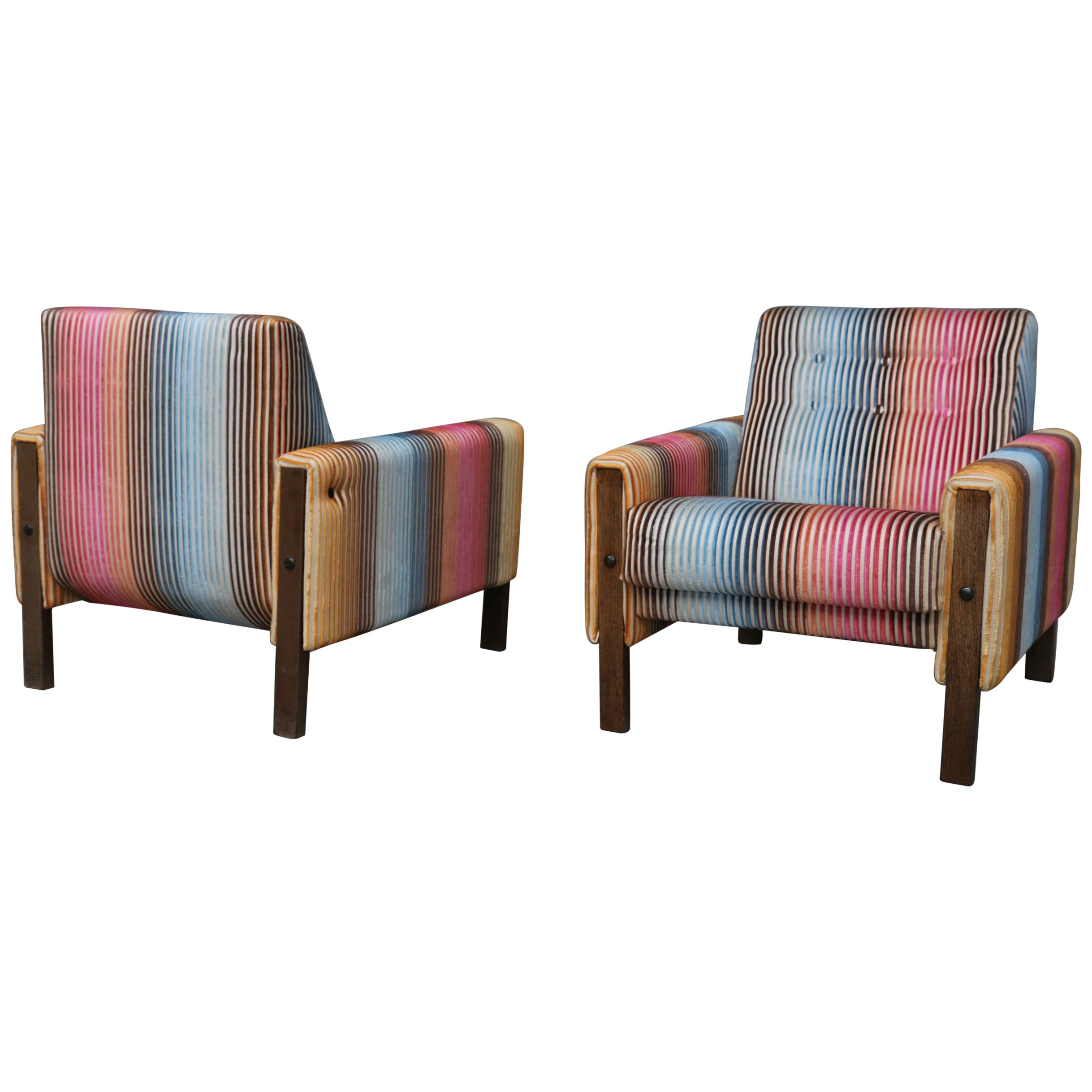1950S Lounge Armchairs Re Upholstered In Multicolored Missoni Fabric For Sale 1950S Lounge Armchairs Re Upholstered In Multicolored Missoni Fabric For Sale