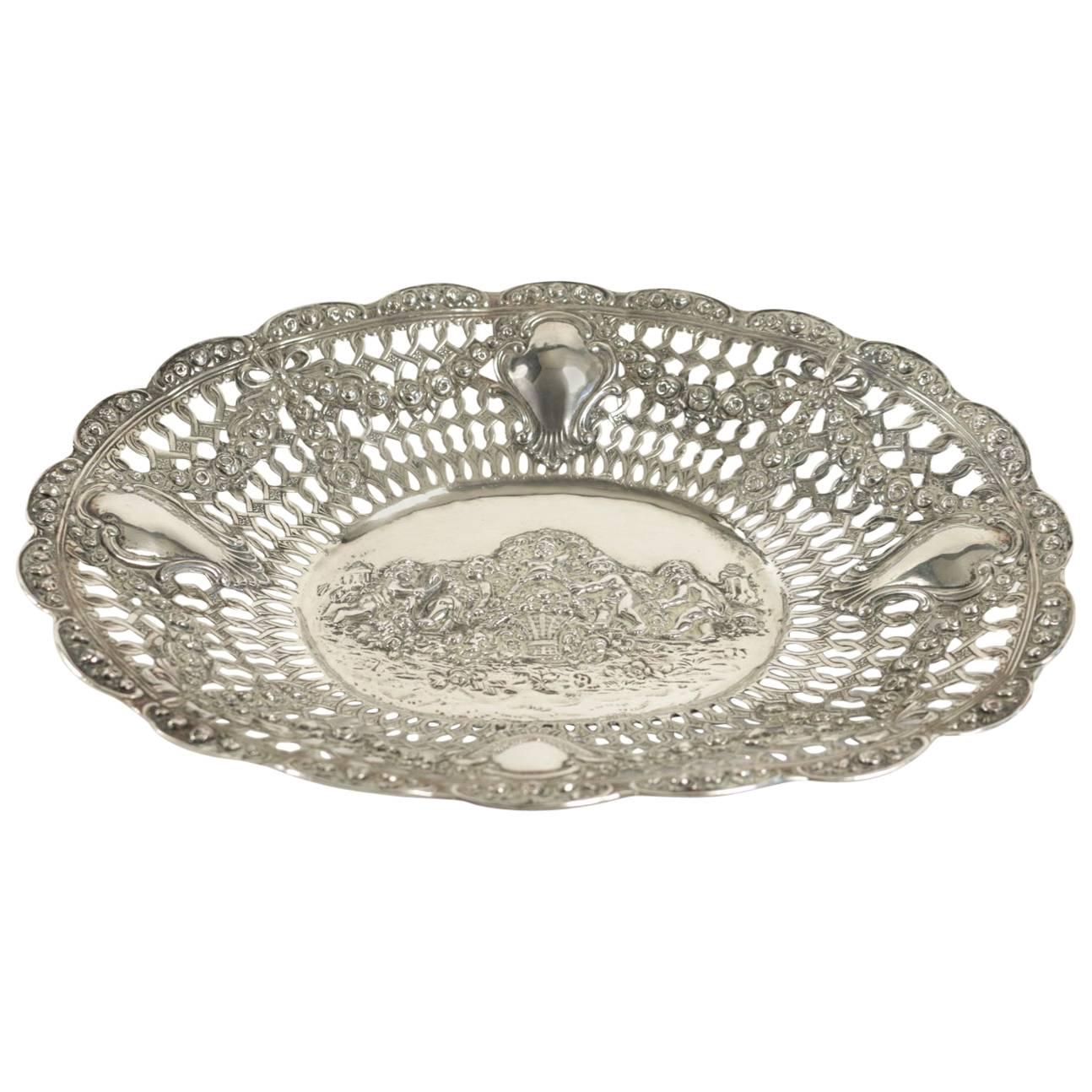 19th Century Sterling Silver Pierced Dish with Cherubs and Garlands of Flowers