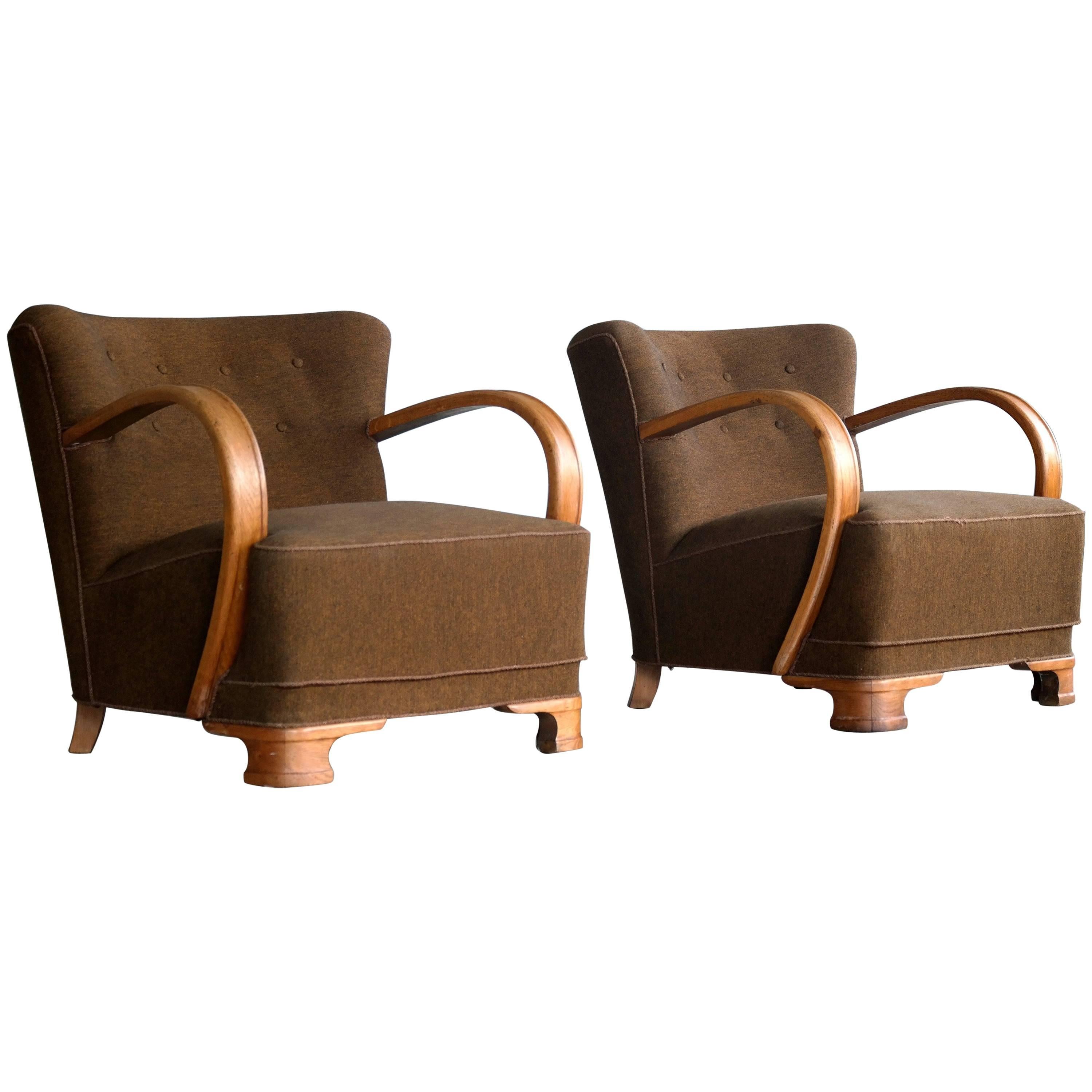 Pair of Boesen Style 1940s Art Deco Chairs Lounge Chairs in Oak and Wool