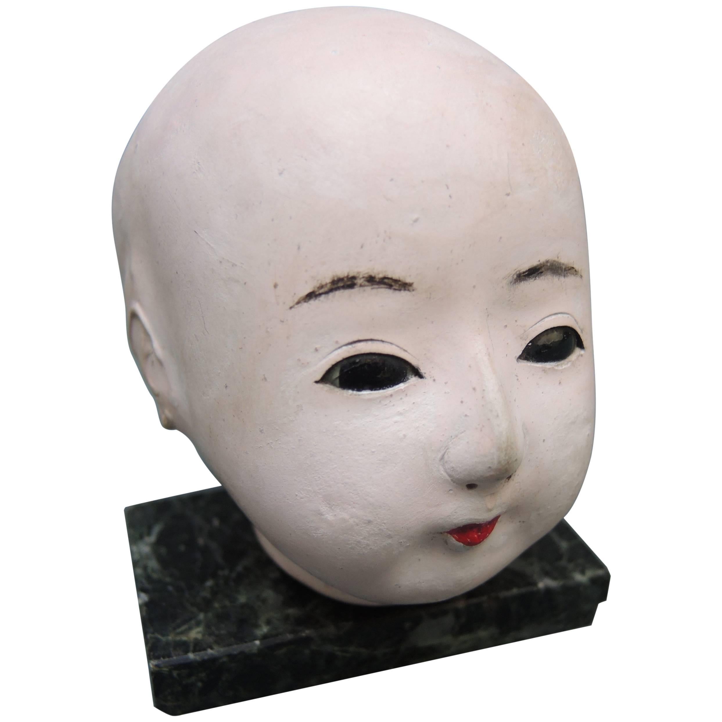 Japanese Papier Mâché and Oyster Paste Doll Head with Glass Eyes, circa 1920