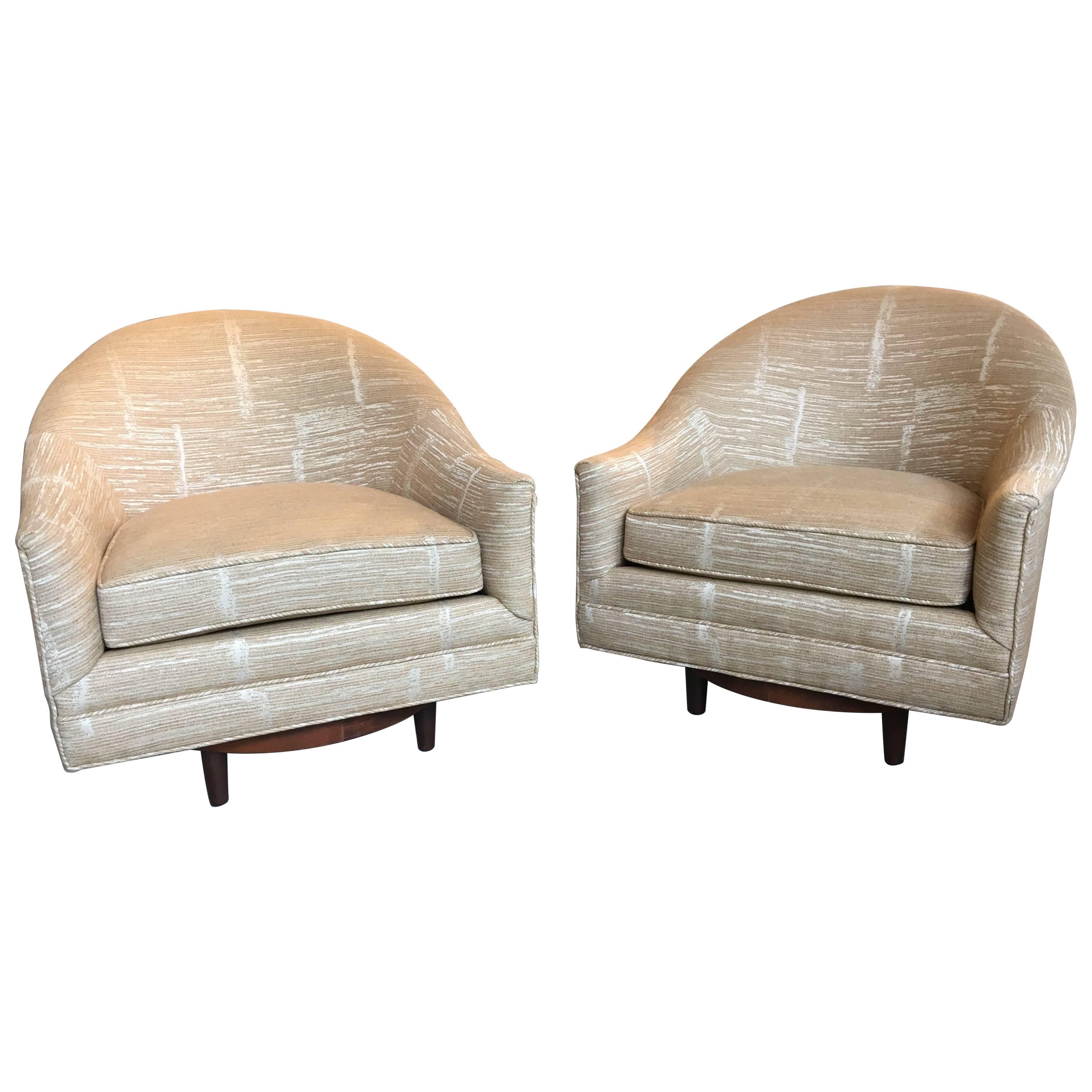 Pair of Scandinavian Swivel Chairs by Selig with Walnut Bases and New Upholstery