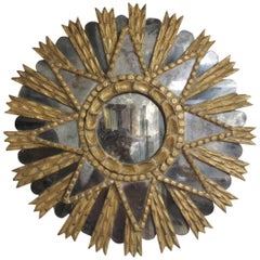 Antique 19th Century Gilded Wood Sunburst Round Mirror