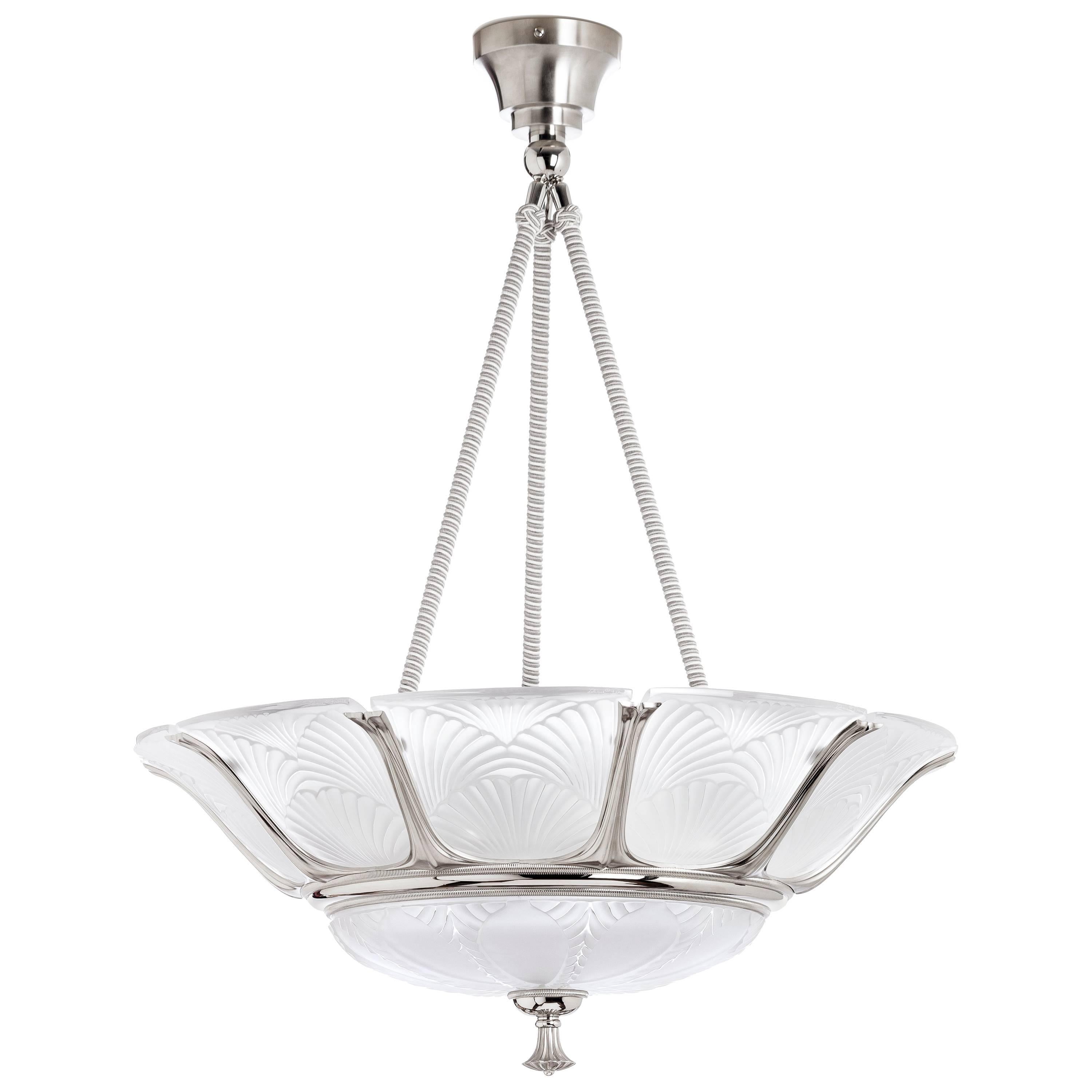 Lalique Ginkgo Crystal and Brushed Nickel Ceiling Lamp