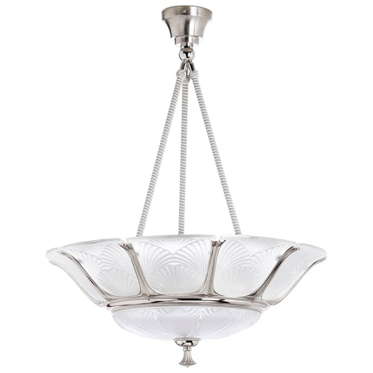 Lalique Ginkgo Crystal and Brushed Nickel Ceiling Lamp For Sale
