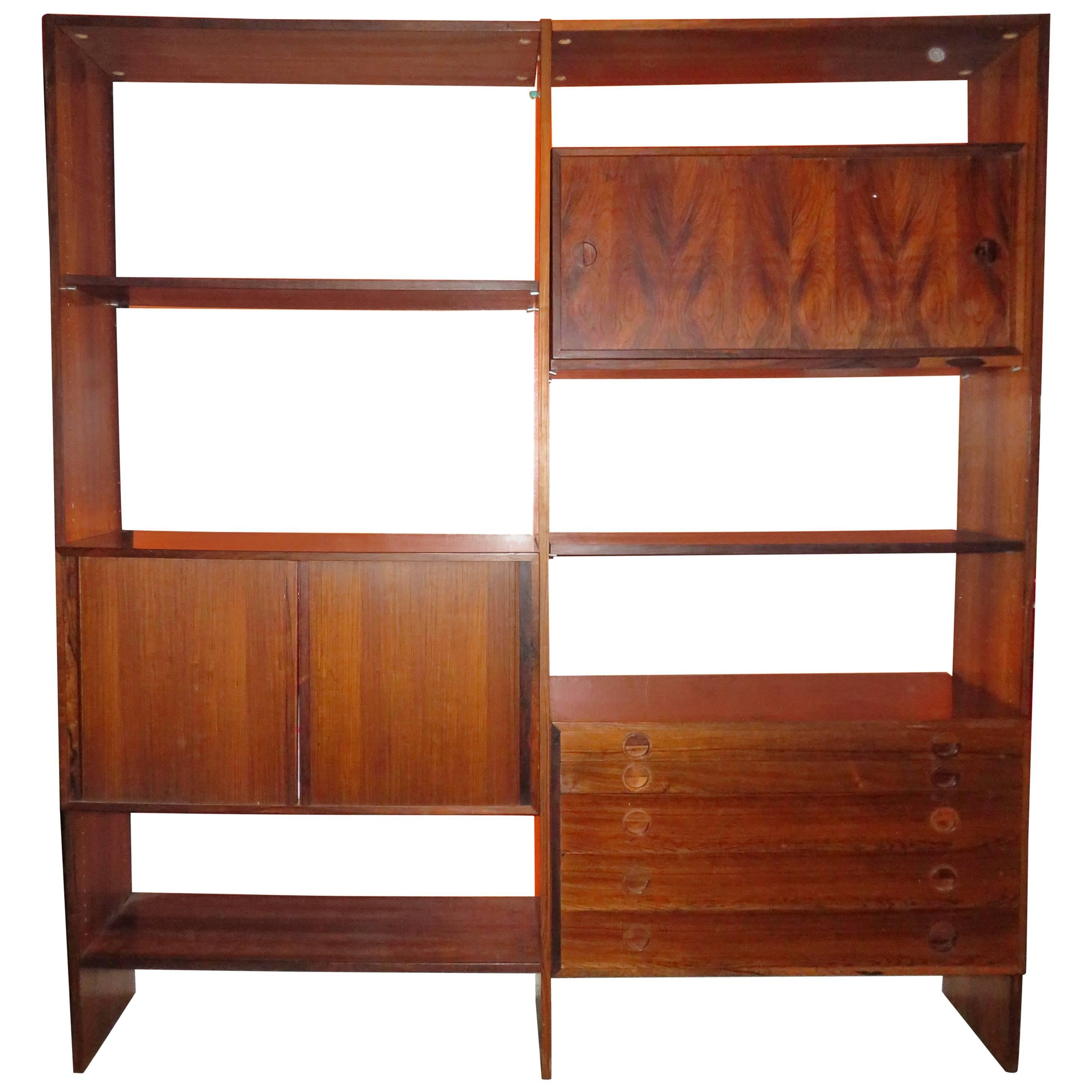 Arne Vodder Style Danish Modern Two Bay Freestanding Rosewood Wall Unit For Sale