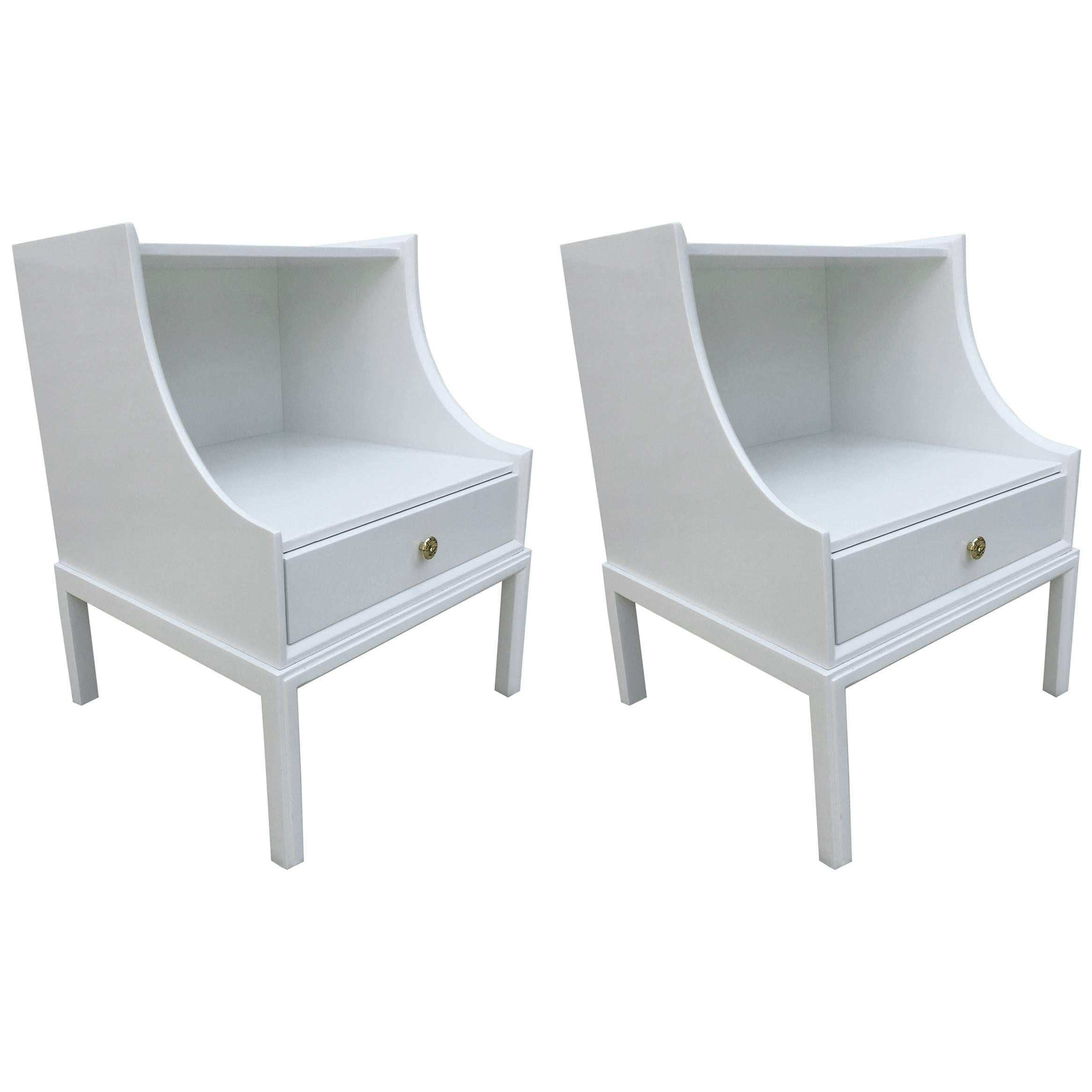 Pair of Tommi Parzinger White Lacquered Elegant Two-Tier End Tables/Nightstands For Sale