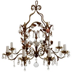 Country French Iron and Porcelain Eight-Light Chandelier