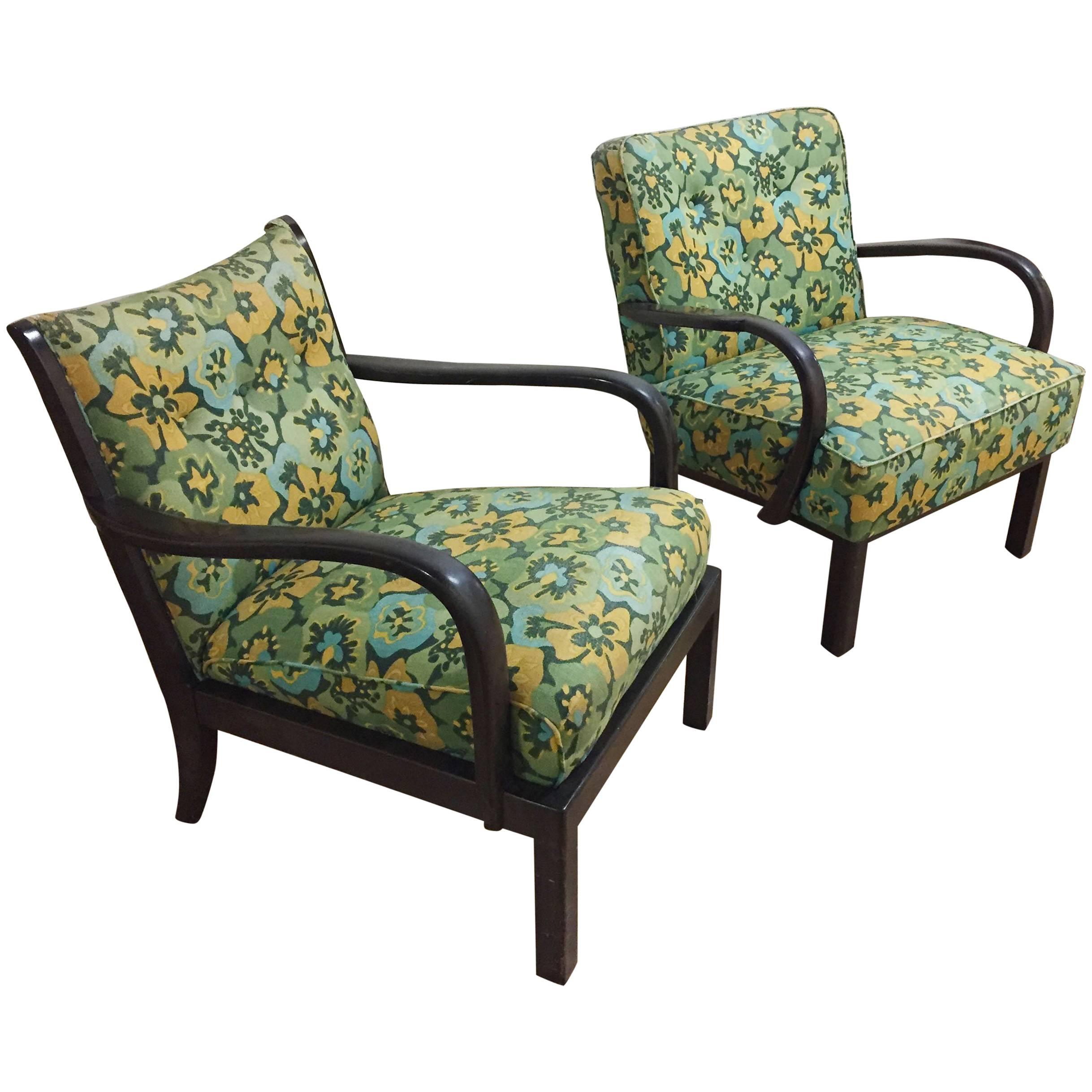Great pair of vintage Mid-Century Modern lounge chairs in the manner of Edward Wormley for Dunbar, Paul Laszlo and MIlo Baughman. No tags. Fabric is original and just spectacular. There are some condition issues with the fabric, but it might be able