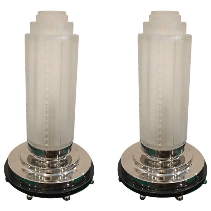 Pair of French Art Deco Table Lamps by Genet et Michon with Marble Base