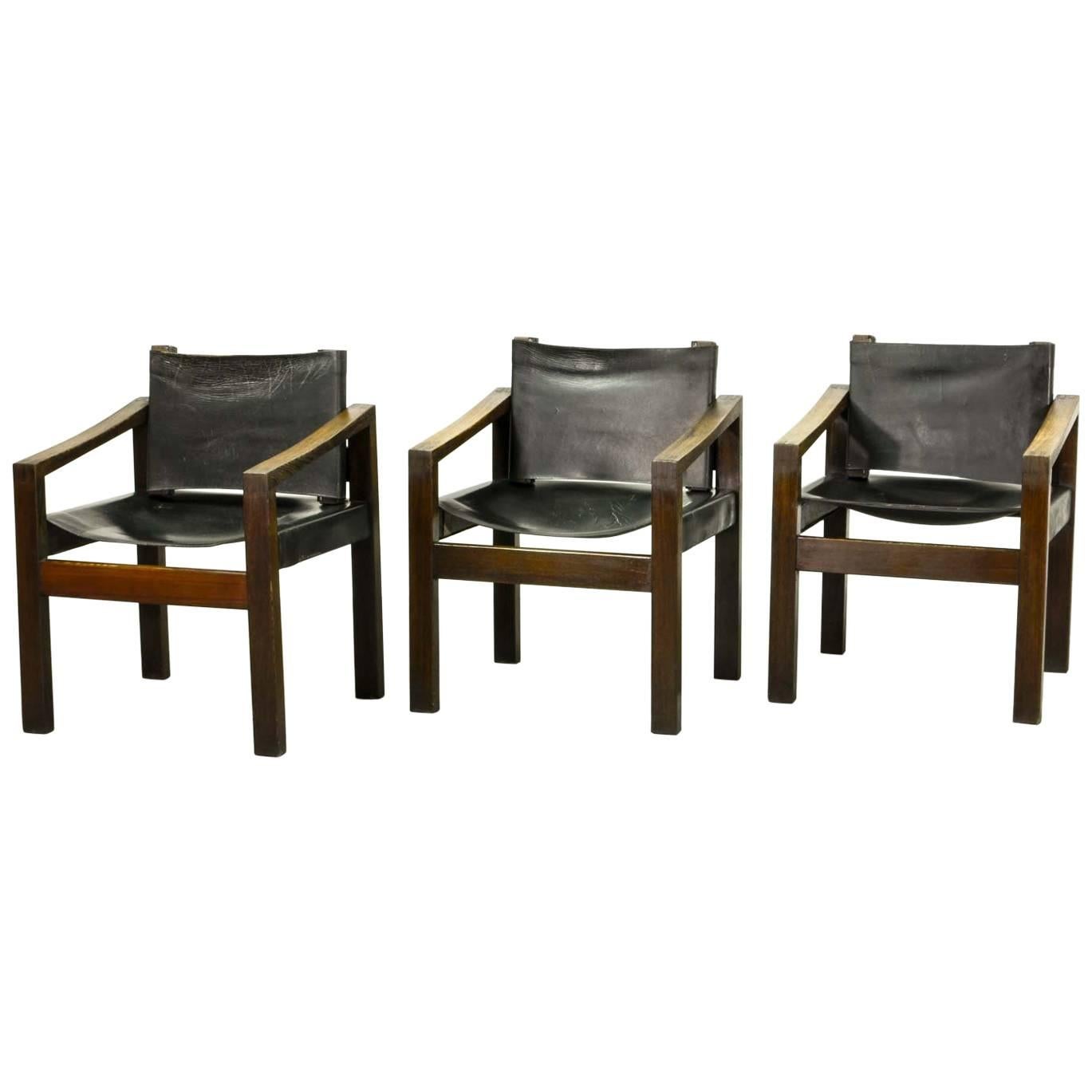 Three Mid-Century Brutalist Wengé Wooden Side Chairs with Sadle Leather 